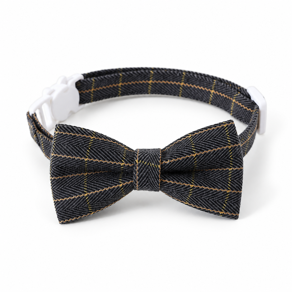 Dark Gray Plaid Pet Bow Tie Collar