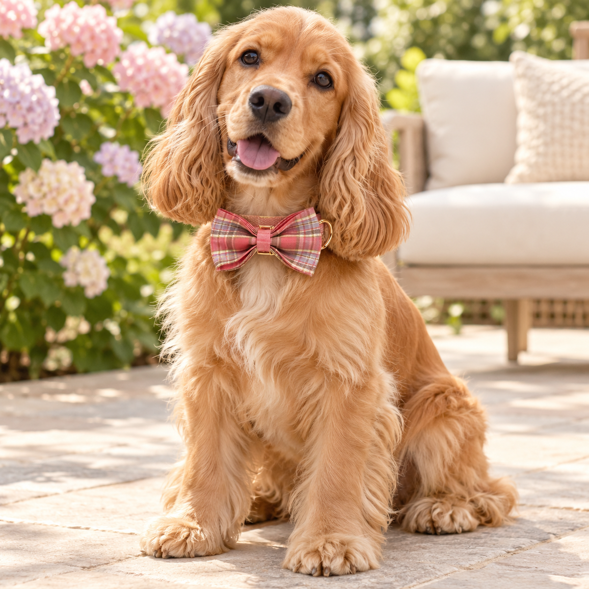 Peach Pink Plaid Dog Collar with Bow Tie