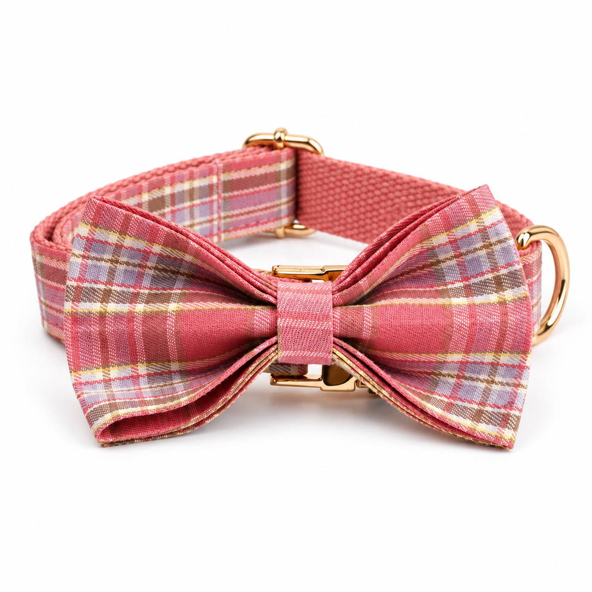 Peach Pink Plaid Dog Collar with Bow Tie