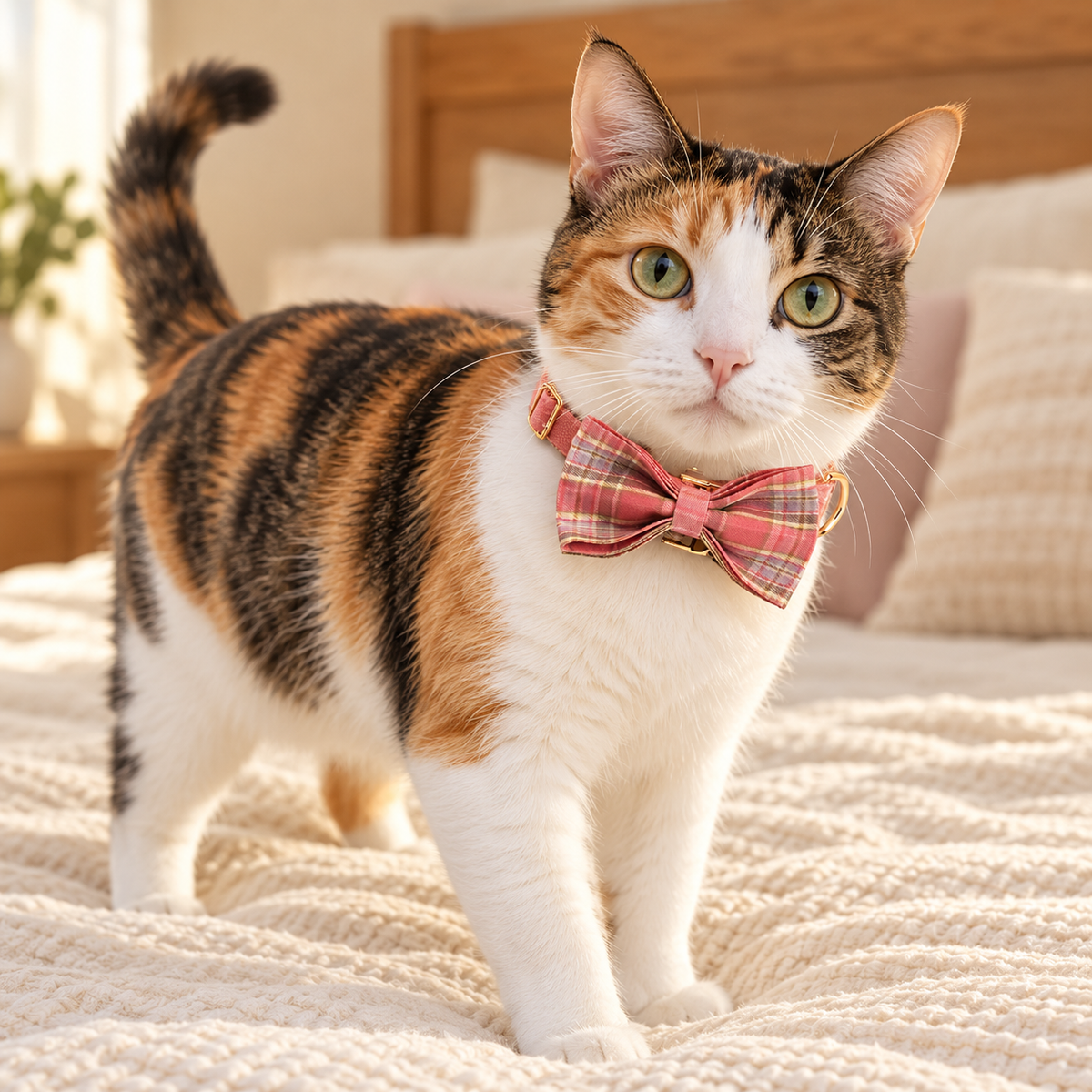 Peach Pink Plaid Dog Collar with Bow Tie
