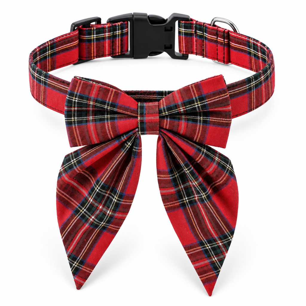 Red Plaid Christmas Bow Tie Collar